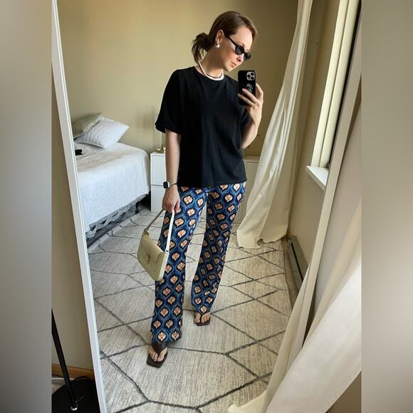 Mango 70's Printed Slightly  Flared Pants in Blue, US L - Picture 12 of 14